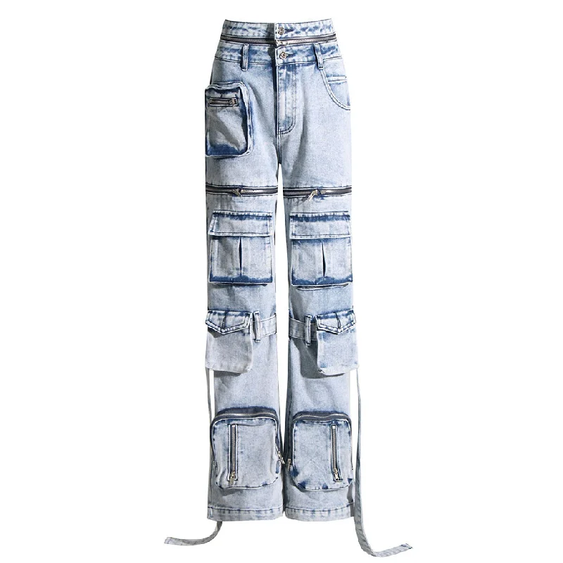 casual ankle-length pants for women -Deconstructed Zip Off Double Waist High Rise Straight Leg Cargo Jeans