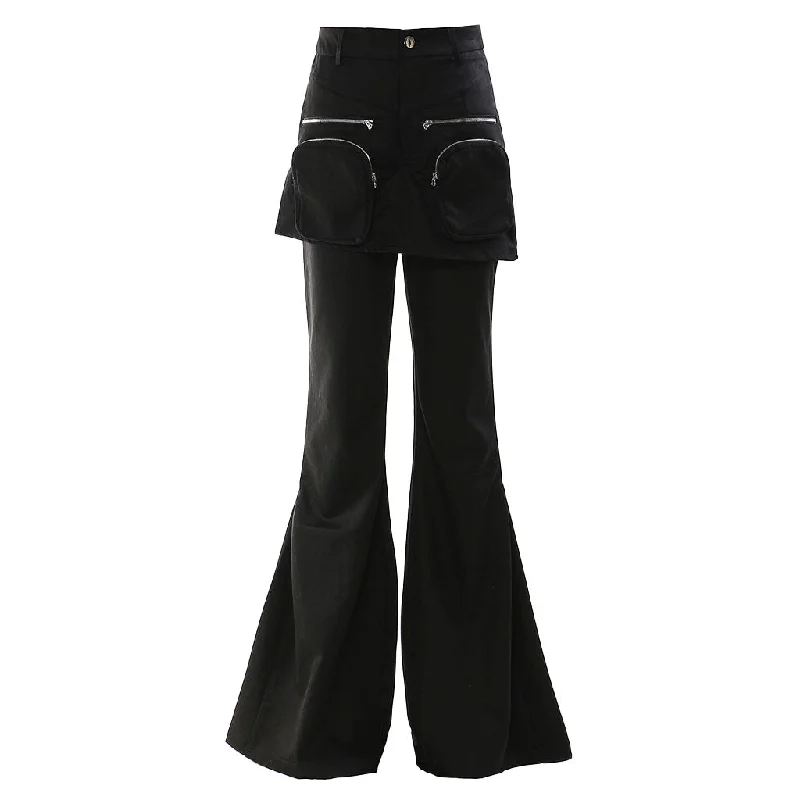 casual denim pants for women -Dramatic High Waist Metallic Zipper Cargo Pocket Layered Flared Pants