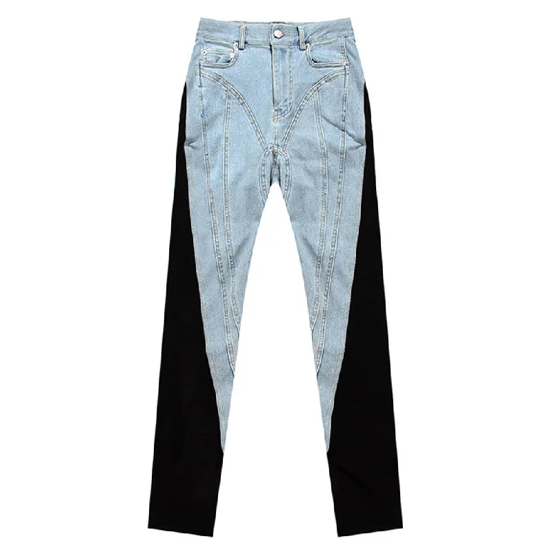 drawstring pants for women -Edgy Two Tone Twisted Seam High Waist Skinny Spliced Jeans