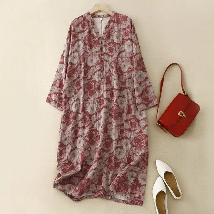 cute summer dresses for women -Elegant Printed V-Neck Cotton Linen Dresses