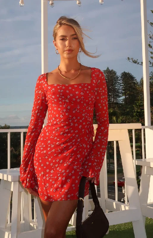 women's boho maxi dresses -Goldie Red Floral Long Sleeve Mini Dress