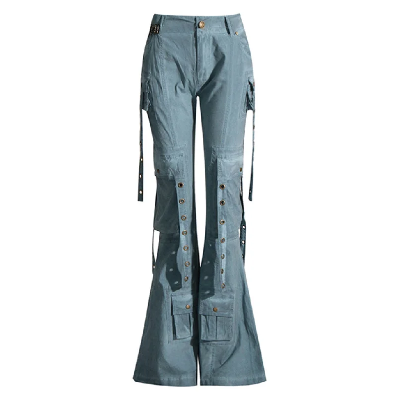 stretchy work pants for women -Gothic Low Rise Metallic Grommet Multi Cargo Pocket Flared Denim Jeans