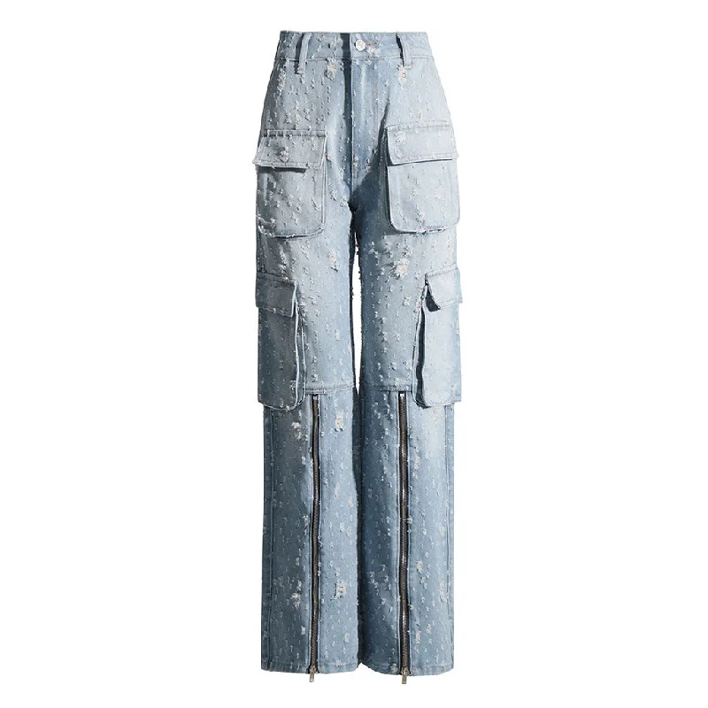 women's high-waisted pants -High Street Ripped Cargo Pocket Zipper High Waist Straight Leg Denim Jeans