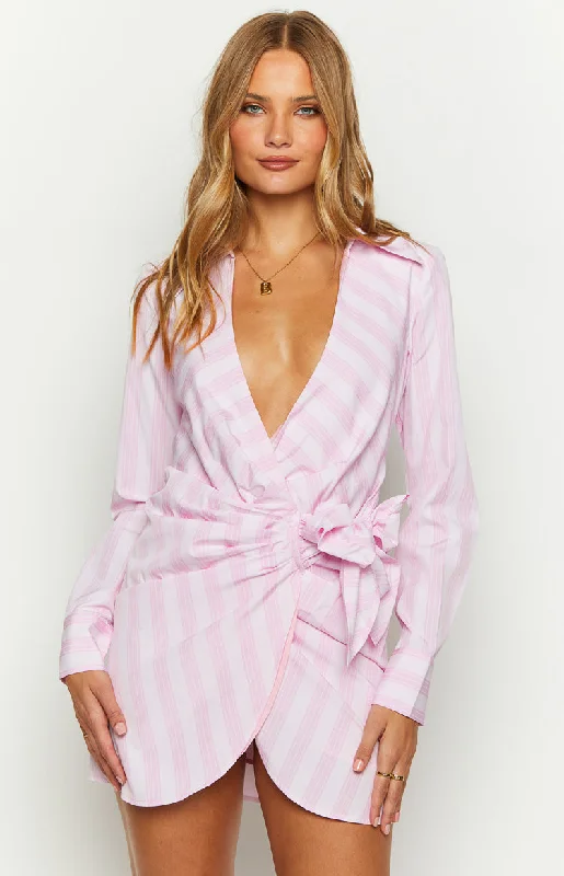 high-waist dresses for women -Holly Pink Stripe Tie Up Shirt Mini Dress