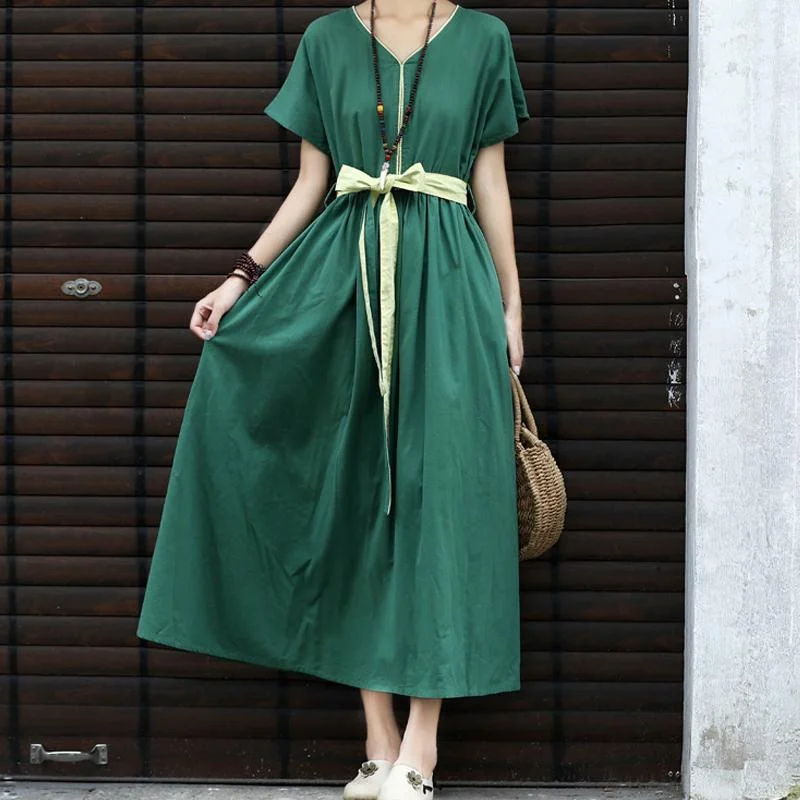 draped chiffon dresses for women -Linen Contrast Color Waist Loose Dress