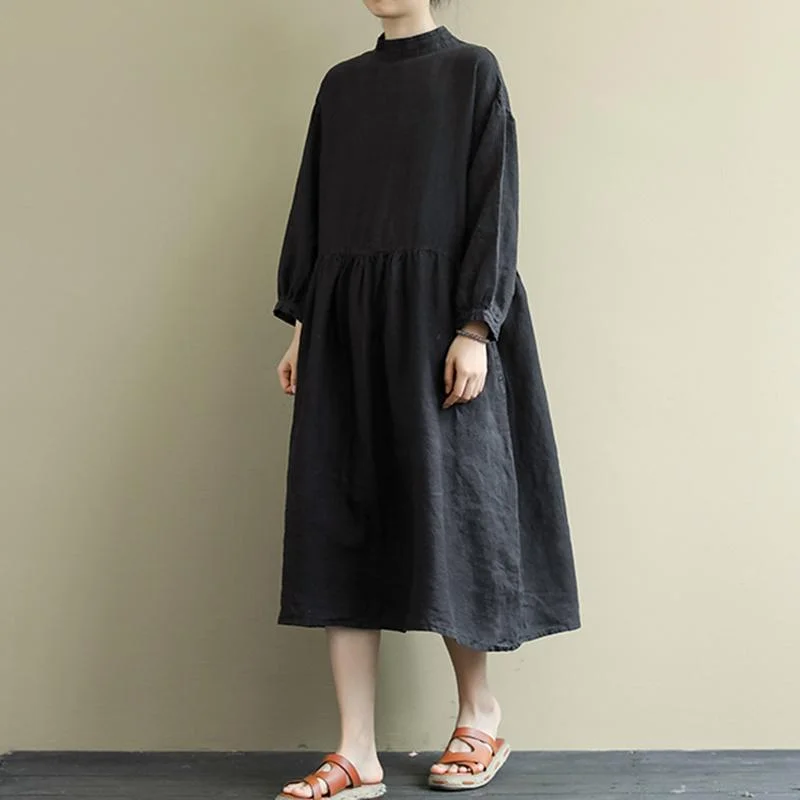 women's party dresses -Loose Buckle Stitching Mid-Length Cotton Linen Dress