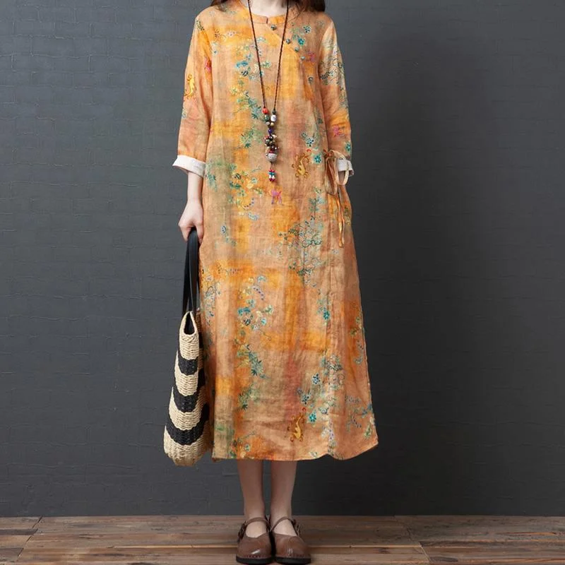 high-waist dresses for women -Loose Plus Size Printed Cotton And Linen Dress