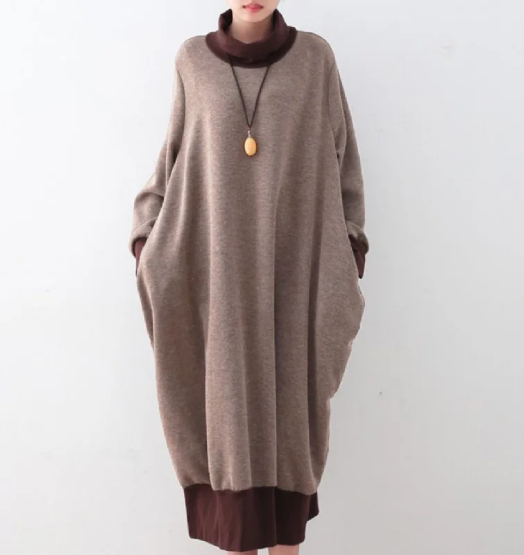 elegant midi dresses for women -Loose Thickened Warm Turtleneck Color Block Dresses