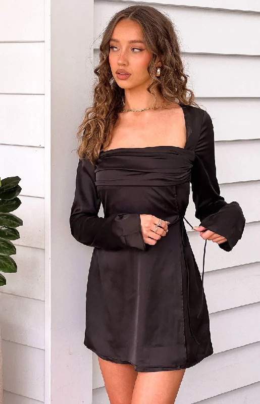 boho style dresses for women -Lucy Black Satin Long Sleeve Mini Dress