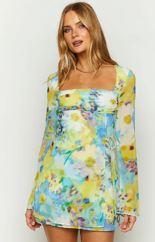 zip-up dresses for women -Lucy Blue Floral Long Sleeve Mini Dress