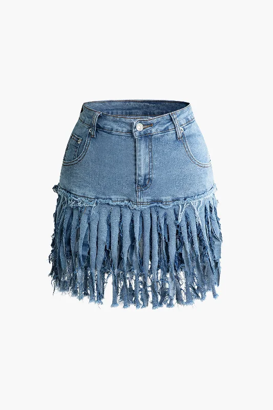 little black dresses for women -Fringe Hem Denim Mini Skirt