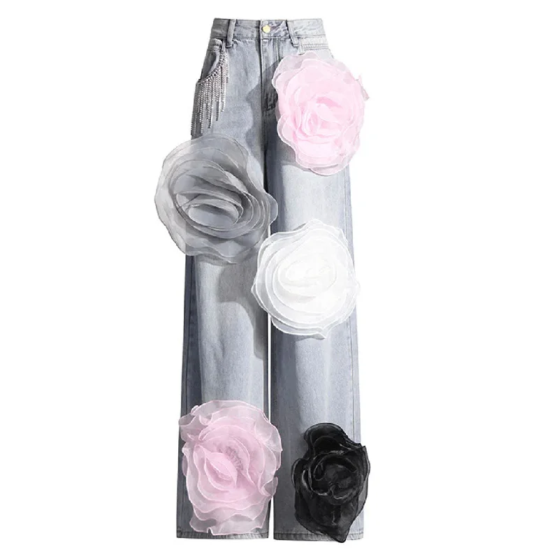 sleek office pants for women -Offbeat Crystal Fringe Mid Rise Wide Leg Multicolored Rosette Denim Jeans