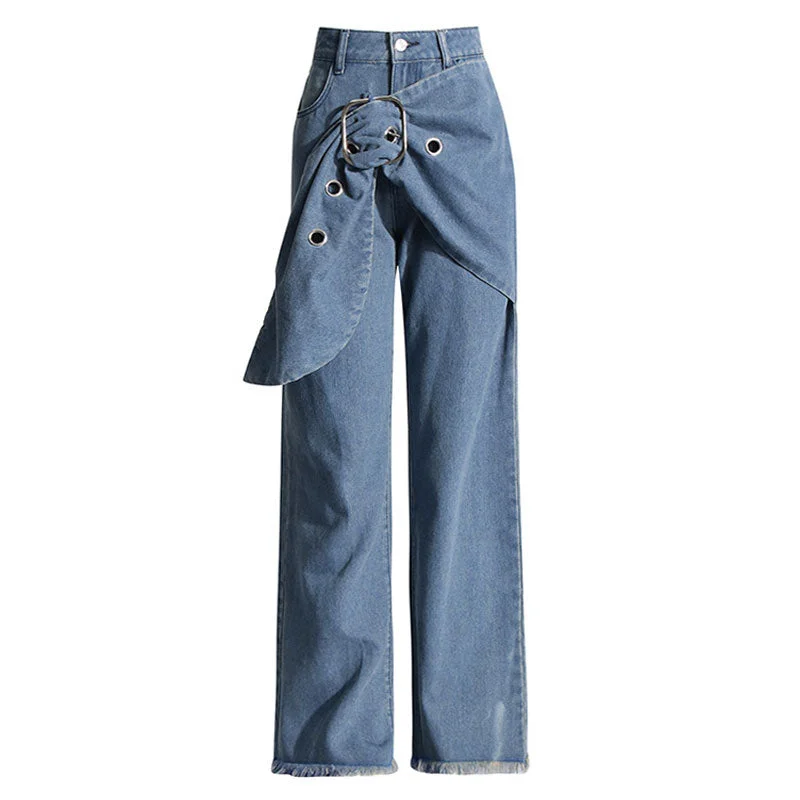 chic high-waist trousers for women -Offbeat High Waist Big Buckle Belt Grommet Frayed Wide Leg Denim Jeans