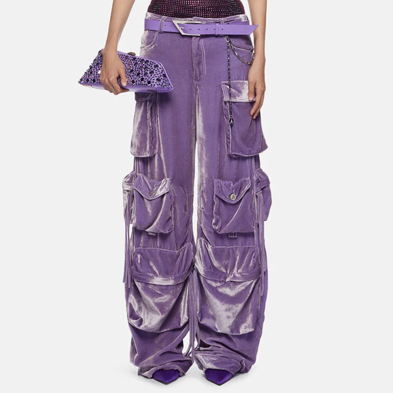 women’s cropped pants -Offbeat Low Waist Multiple Pocket Wide Leg Polished Velvet Cargo Pants