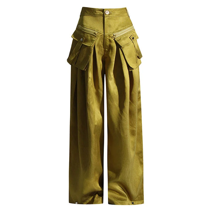 high-rise pants for women -Opulent Brushed Effect High Waist Zipper Pocket Pleated Wide Leg Cargo Pants