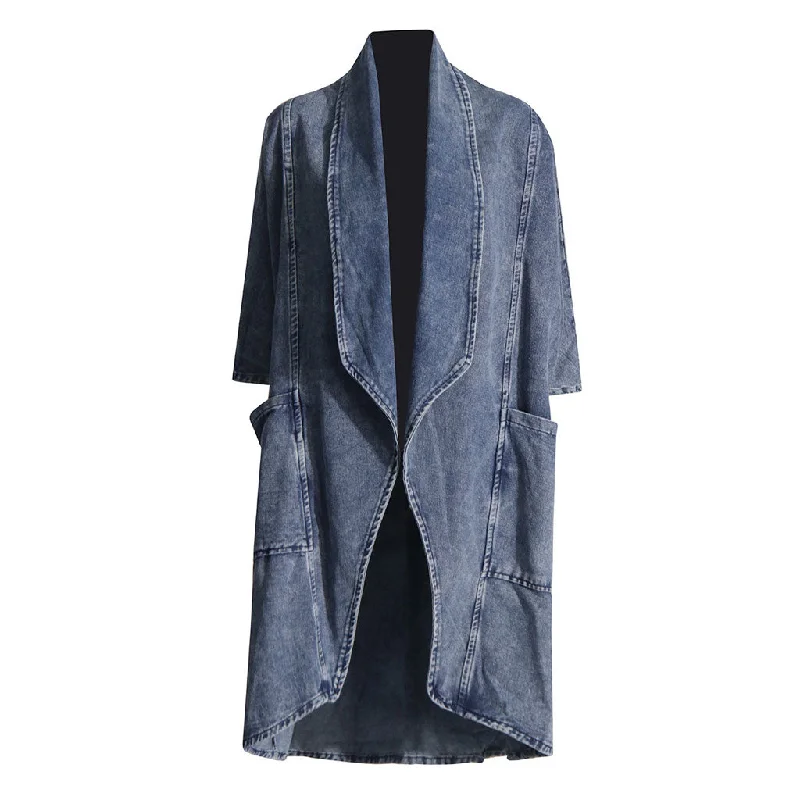 high-low dresses for women -Oversized Shawl Collar Batwing Sleeve Cargo Pocket Denim Duster Jacket