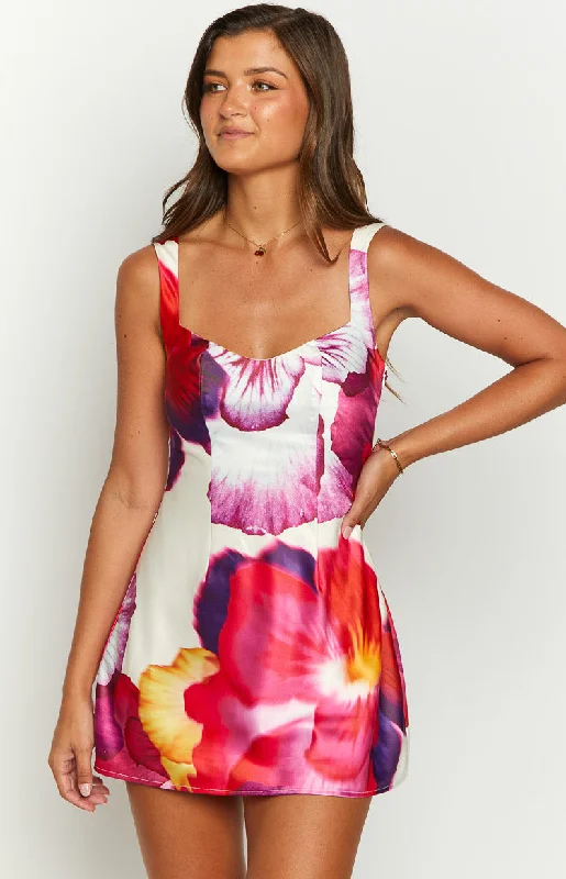 women's tunic dresses -Pansy Pink Floral Sleeveless Mini Dress