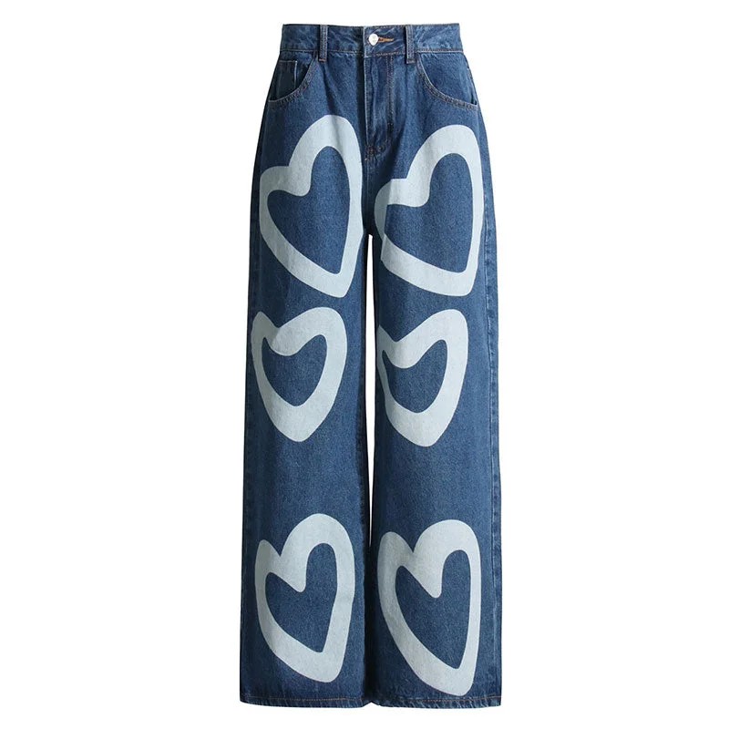 women’s yoga pants -Playful Contrast Heart Print Straight Leg High Waist Denim Boyfriend Jeans