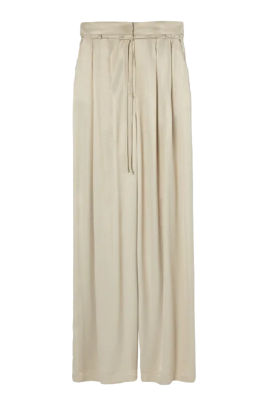 casual stretch pants for women -Pleated Satin Wide Leg Pants | Beige