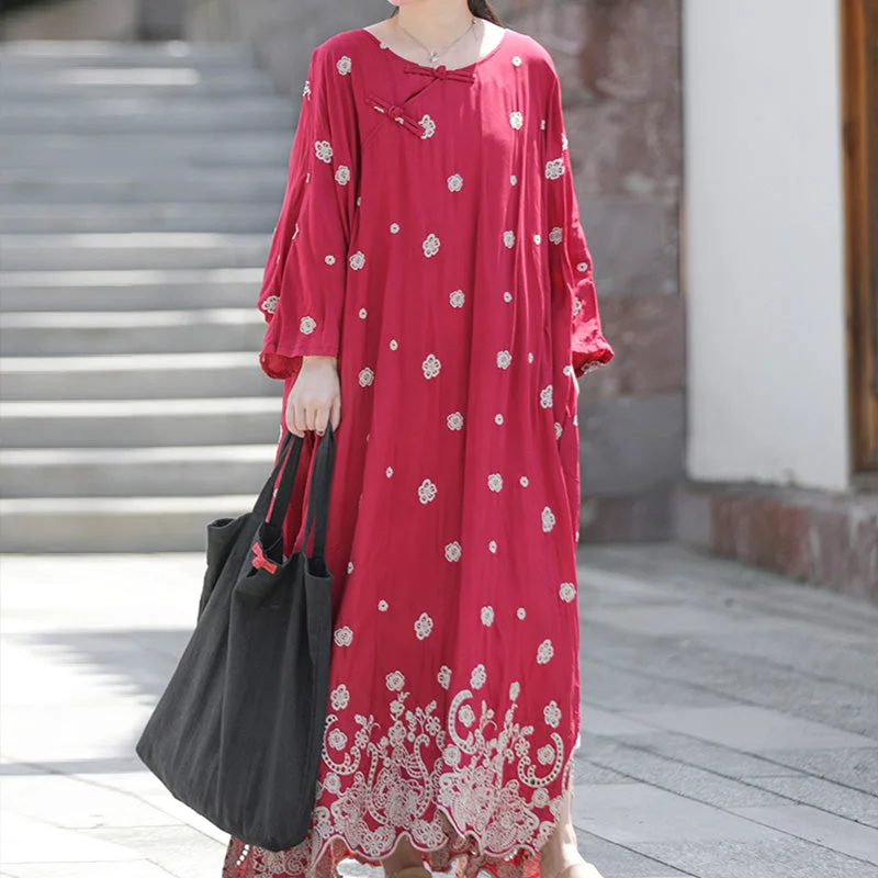 long sleeve dresses for women -Plus Size Cotton Linen Retro Casual Embroidery Dress