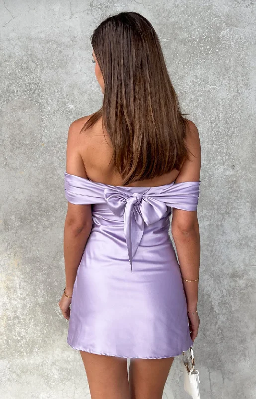 bodycon dresses for women -Primrose Purple Satin Off the Shoulder Mini Dress