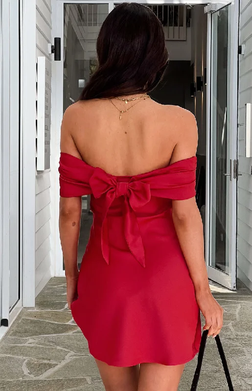 floral print dresses for women -Primrose Red Satin Off the Shoulder Mini Dress