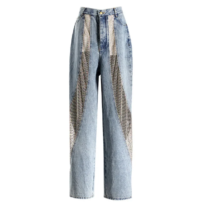 women's tapered joggers -Retro High Waist Sheer Fishnet Crystal Embellished Hybrid Wide Leg Denim Jeans