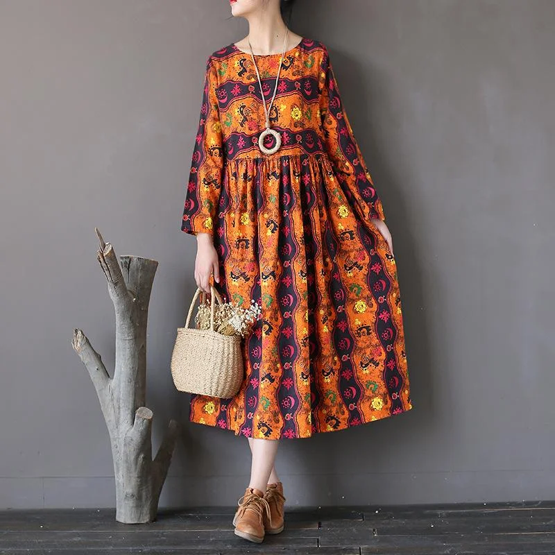 women's pleated maxi dresses -Retro Loose Totem Print Cotton Linen Dress