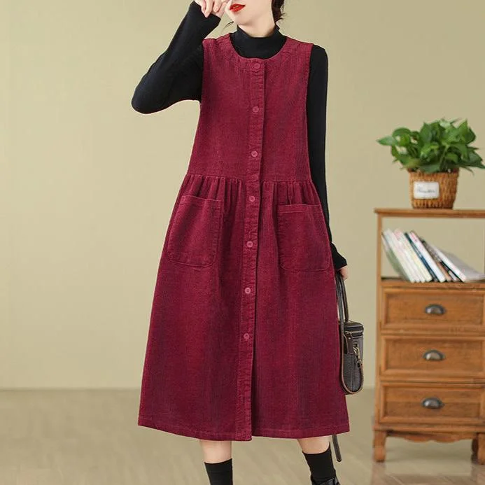 empire waist dresses for women -Sleeveless Corduroy Button-Down Dresses