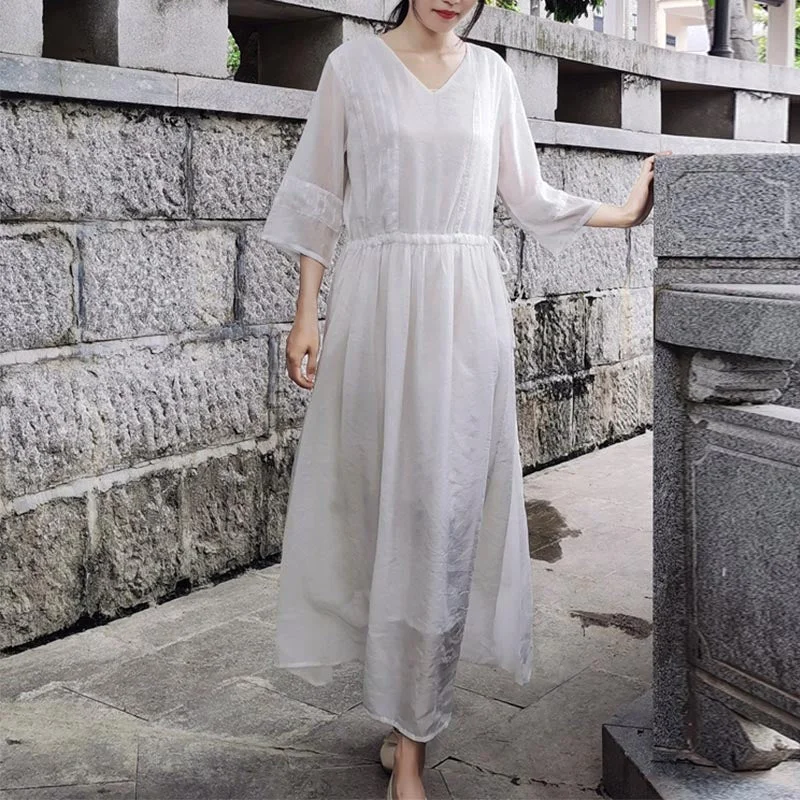 loose fit dresses for women -Smooth Cotton Vintage Casual Spring Summer Dress