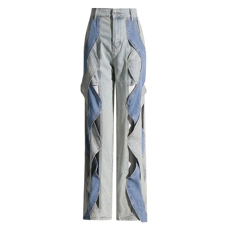 office pants for women -Sparkly Crystal Wavy Cutout High Waist Two Tone Wide Leg Denim Pants