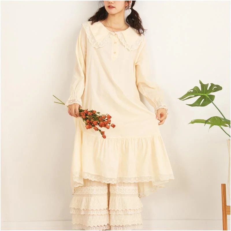 ribbed knit dresses for women -Spring Autumn Lace Patchwork Loose Cotton Dress