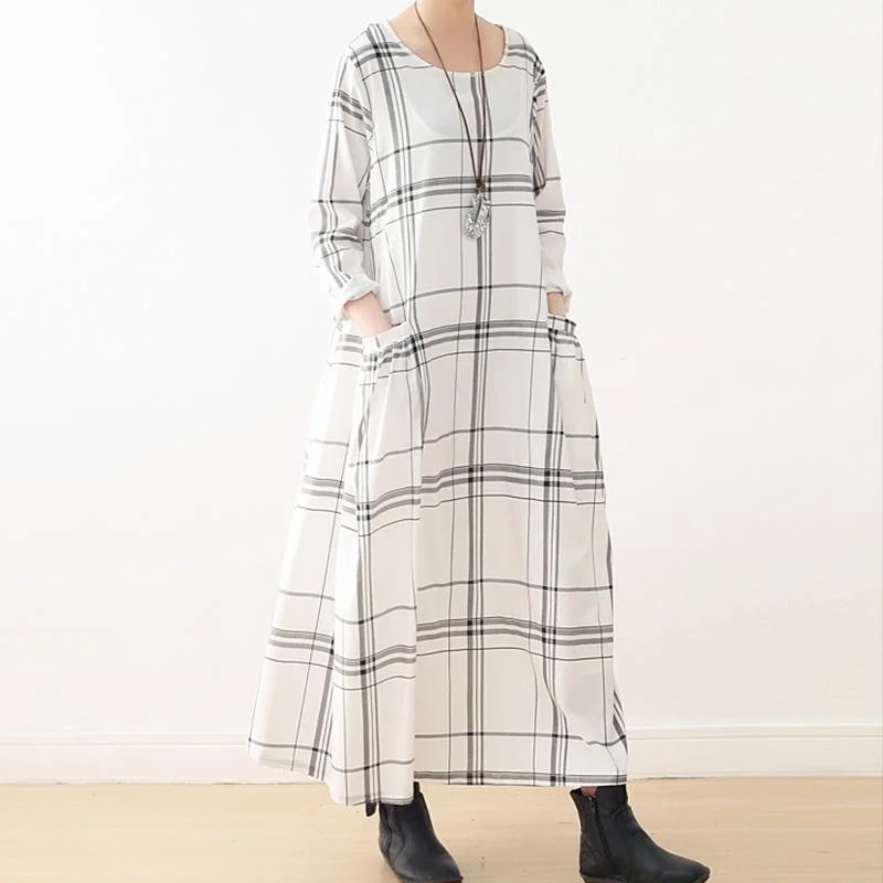 chic maxi dresses for women -Spring Autumn Loose A-Line Casual Plaid Cotton Dress