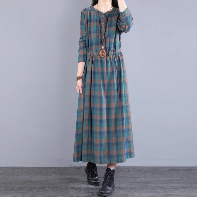 tiered dresses for women -Spring Autumn Women Retro Loose Casual Plaid Dress