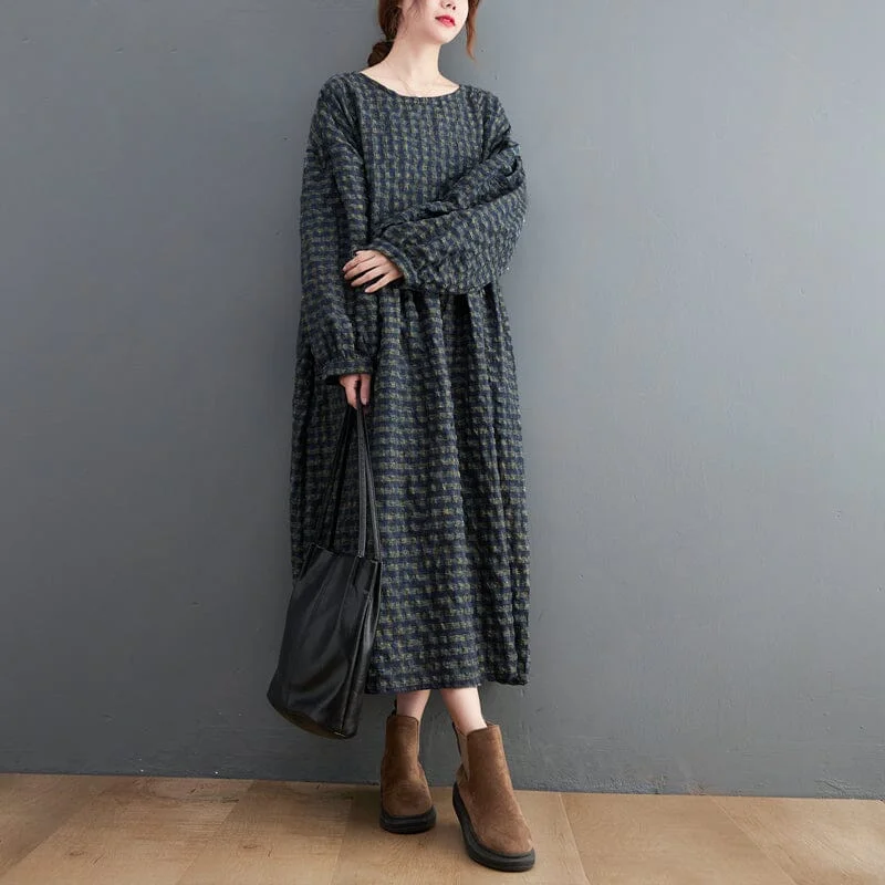 satin wrap dresses for women -Spring Loose Casual Plaid Dress Plus Size