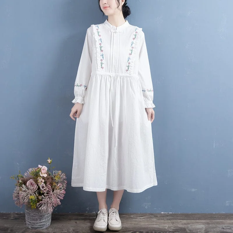 ribbed knit dresses for women -Spring Loose Retro Embroidery Cotton Linen Dress