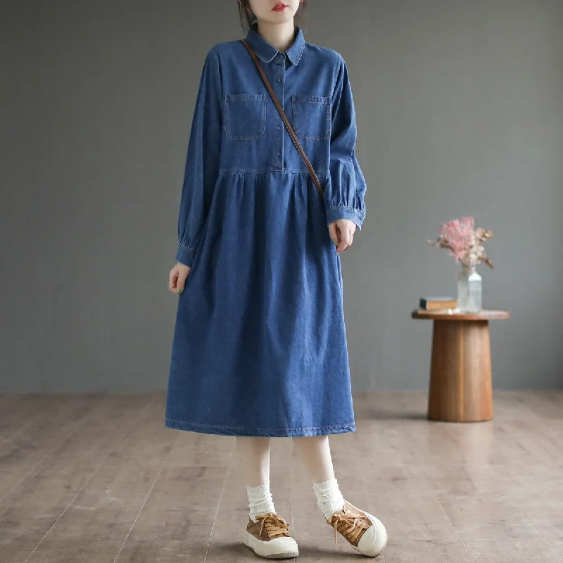 women's pleated maxi dresses -Spring Loose Solid Casual Cotton Denim Dress