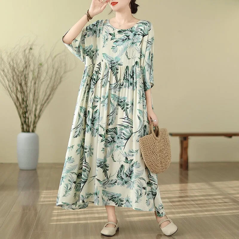 fitted mini dresses for women -Spring Retro Print Casual Loose Dress Plus Size