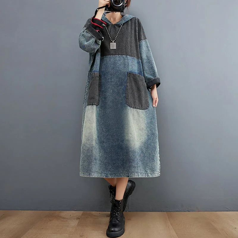 geometric print dresses for women -Spring Retro Splicing Loose Hooded Denim Dress