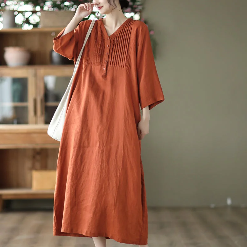 women's lace dresses -Spring Vintage Linen V-Neck Loose Dress