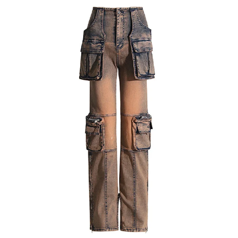 women's cargo pants -Street Distressed Flap Pocket Zipper Split Hem Straight Leg Cargo Jeans