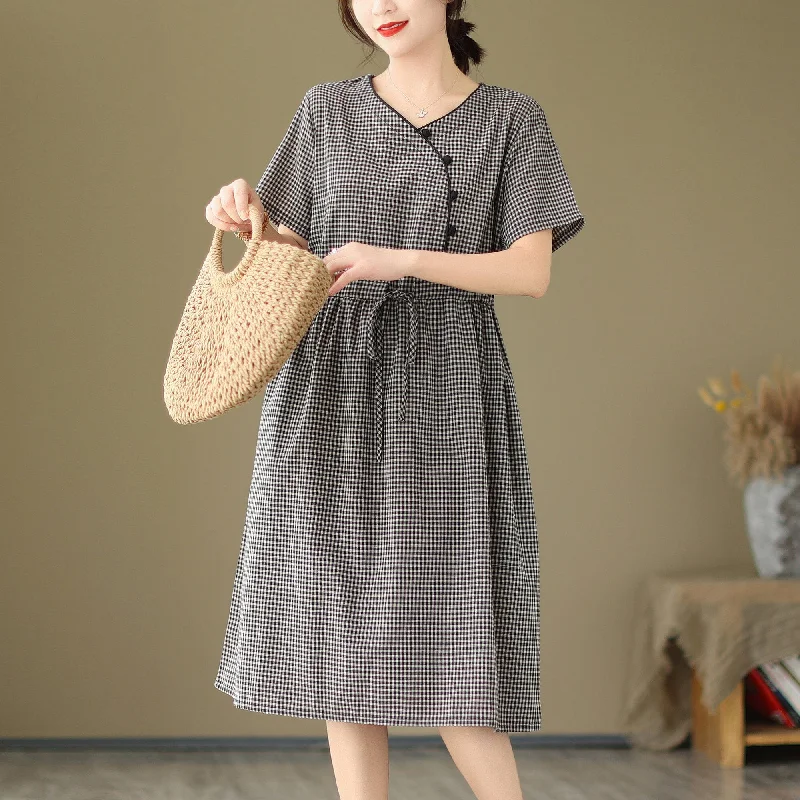 patterned dresses for women -Summer Casual Cotton Linen Plaid Dress