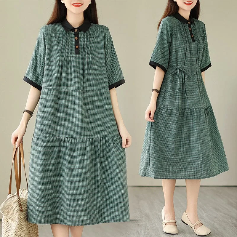 cozy sweater dresses for women -Summer Casual Cotton Linen Plaid Dress