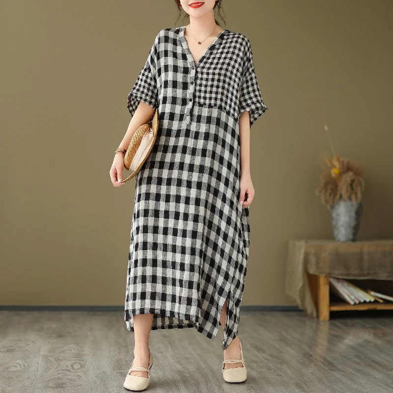 maxi dress with sleeves for women -Summer Casual Linen Patchwork Plaid Dress