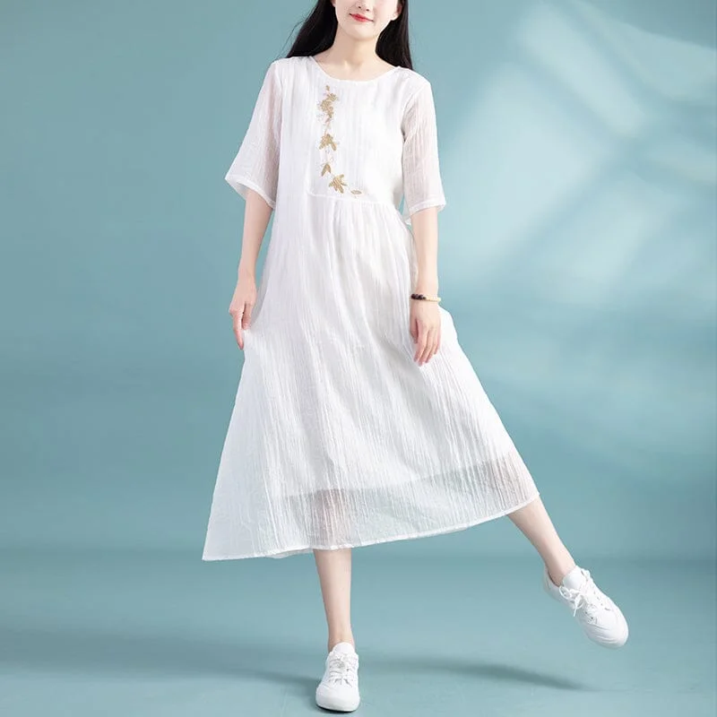 casual knit dresses for women -Summer Loose Retro Embroidery Dress