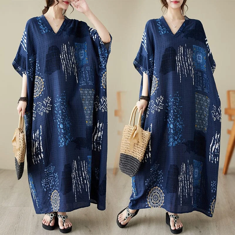 trendy midi dresses for women -Summer Retro Casual Loose Dress Plus SIze