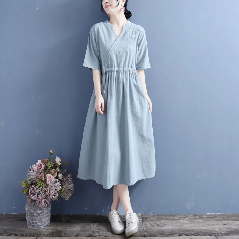 boho style dresses for women -Summer Retro Loose Casual Solid Cotton Linen Dress