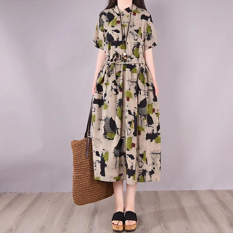 long sleeve dresses for women -Summer Retro Printed Loose Plus Size Cotton Dress