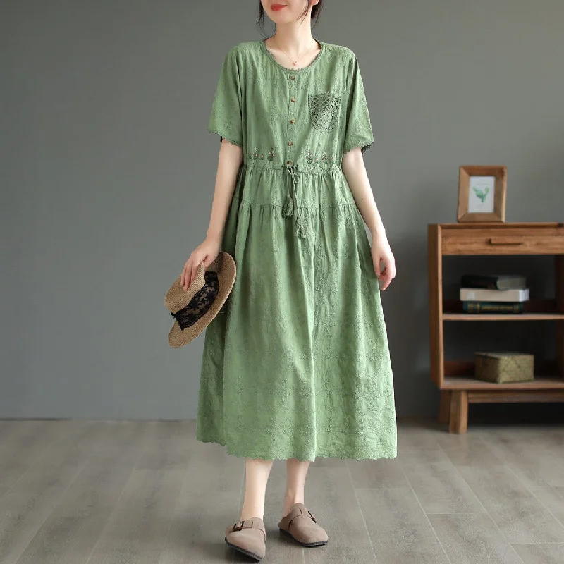 elegant silk dresses for women -Summer Retro Solid Embroidery Cotton Linen Dress