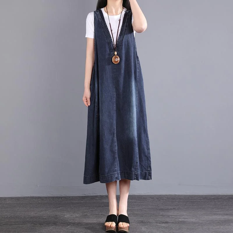 elegant party dresses for women -Summer V-Neck Parchwork Pullove Cotton Denim Dress